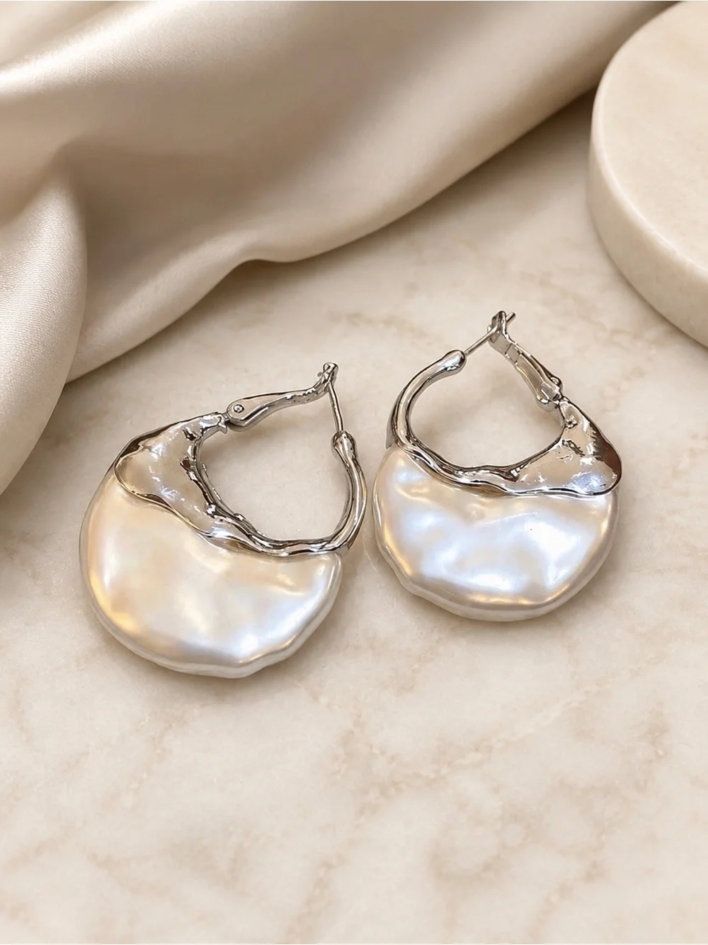 Statement Silver Pearl Hoop Earrings